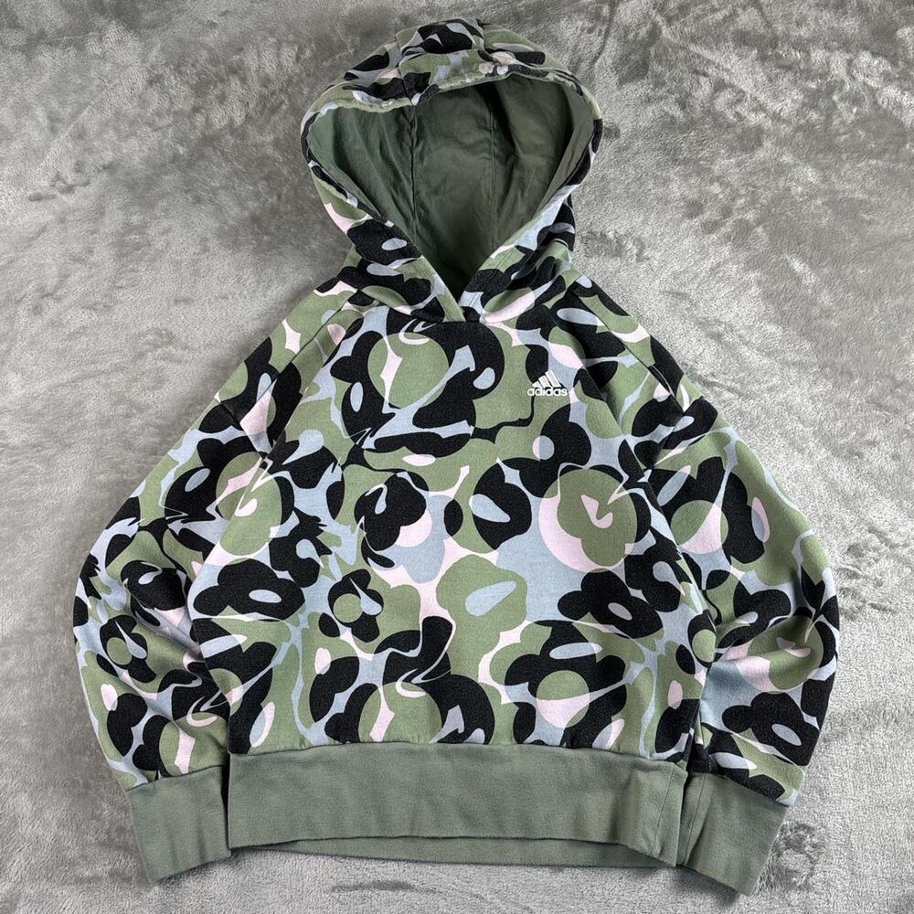 Adidas Girls Camo Cropped Hoodie Loose Fit Green Pink Black Youth Small